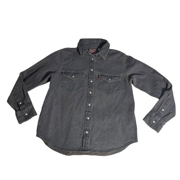 Levi's Classic Size Small Women Gray Denim Shirt Pearl Snap Long Sleeve Western - Picture 1 of 16